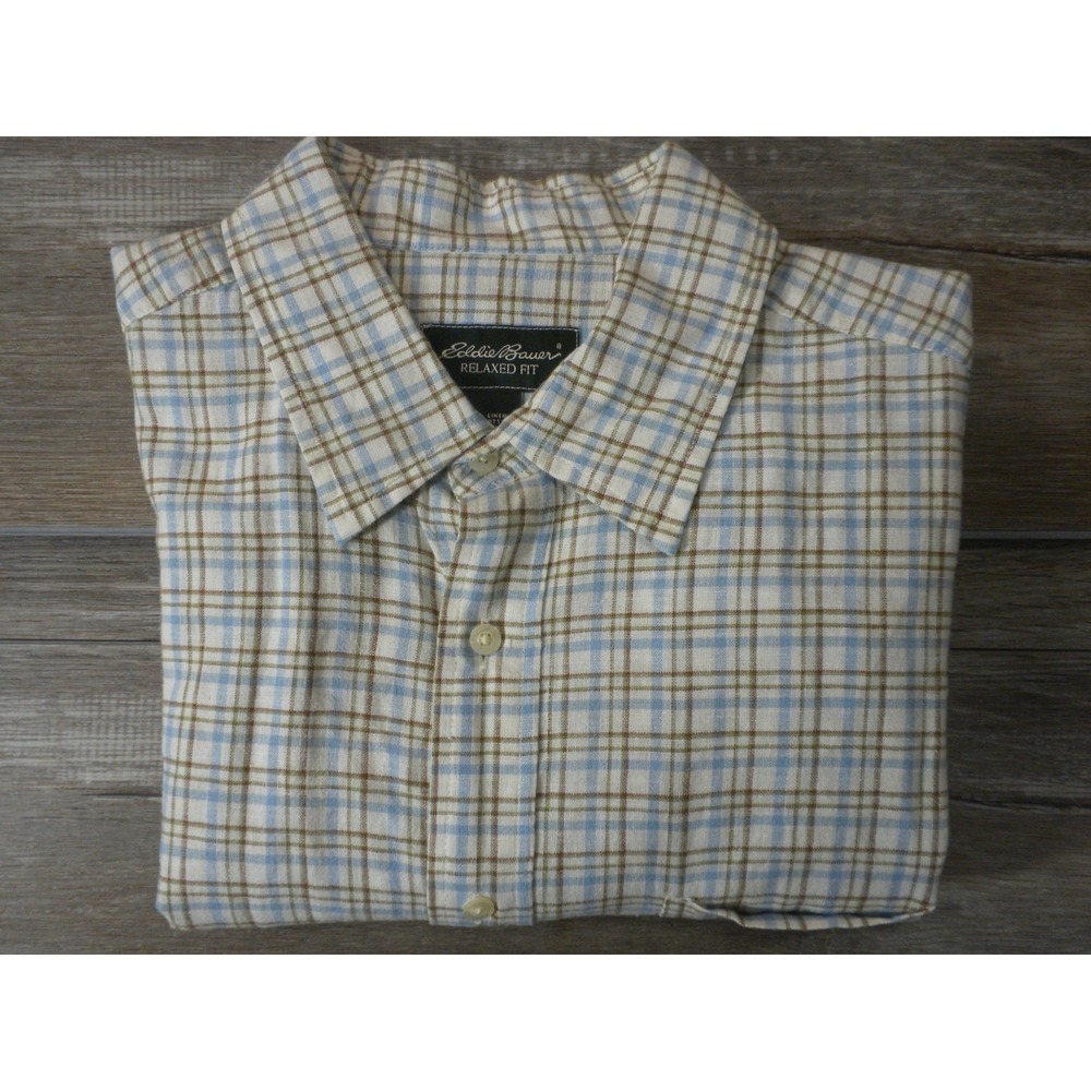 Eddie Bauer Shirt Mens L Blue Green Plaid Linen Blend Relaxed Fit Granola Trail